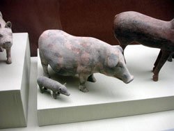 Ceramic statuary of pigs.
