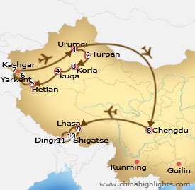 Xinjiang Chengdu Lhasa Tour Map