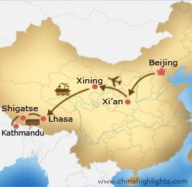 Map of Beijing Tibet Kathmandu tour