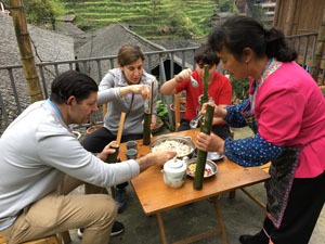 Making bamboo tube rice at the Longji Terraced Fields
