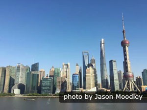 Shanghai skyline on a blue sky day