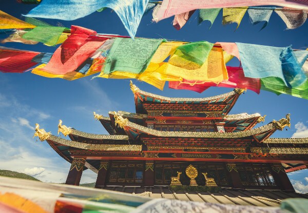 the colorful flag and temple