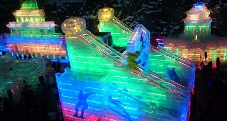 The ice sculptures emit beautiful lights at night