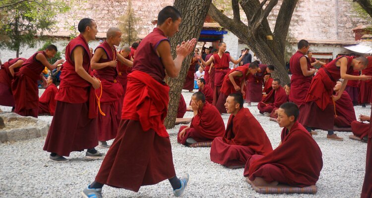 Monks wearing crimson robes are engaged in a debate