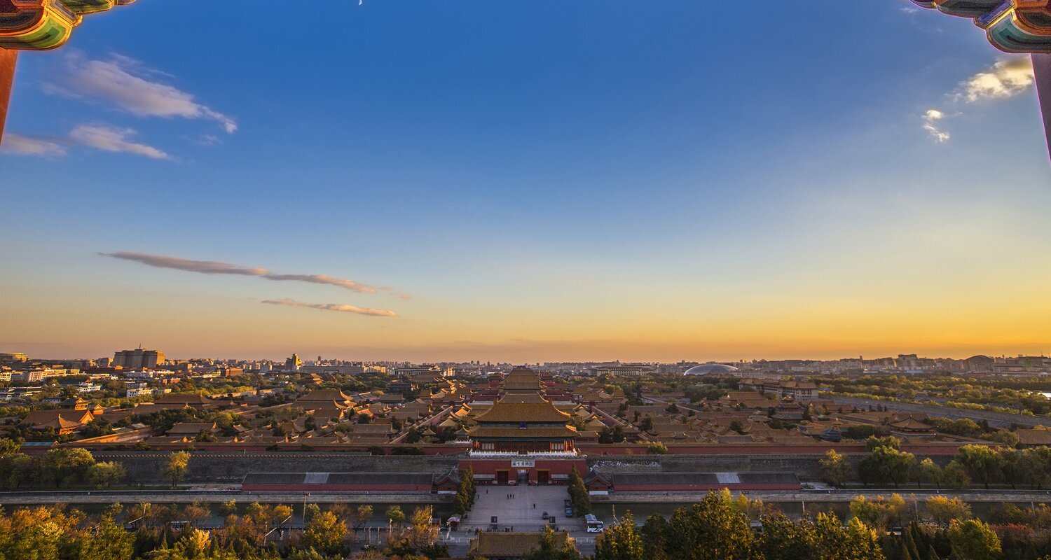Panorama der Verbotenen Stadt bei Sonnenuntergang