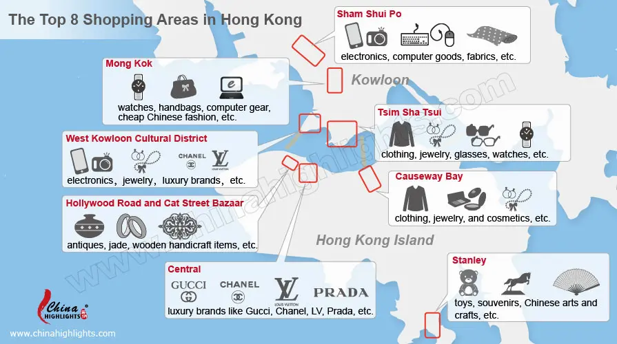 Hong Kong Shopping Area Map The Top 8 Hong Kong Shopping Areas: Shopping Malls, Street Markets