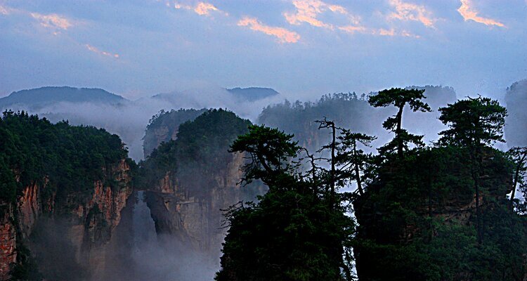 The misty Avatar Mountains in Yuanjiajie in Early Morning, Zhangjiajie, China