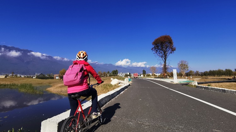 Biking along the Erhai Lake in winter