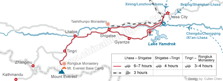 Map of Lhasa to Everest Base Camp Transport