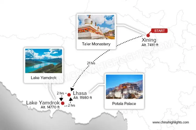 Xining to Lhasa tour map