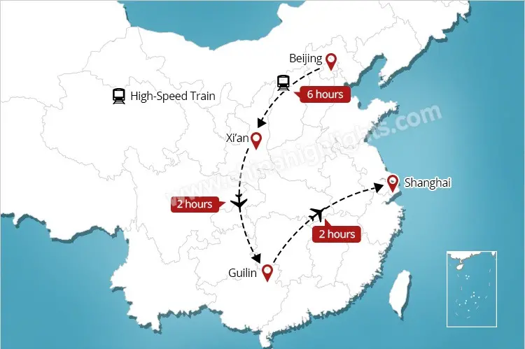 Beijing Xian Guilin Shanghai tour map