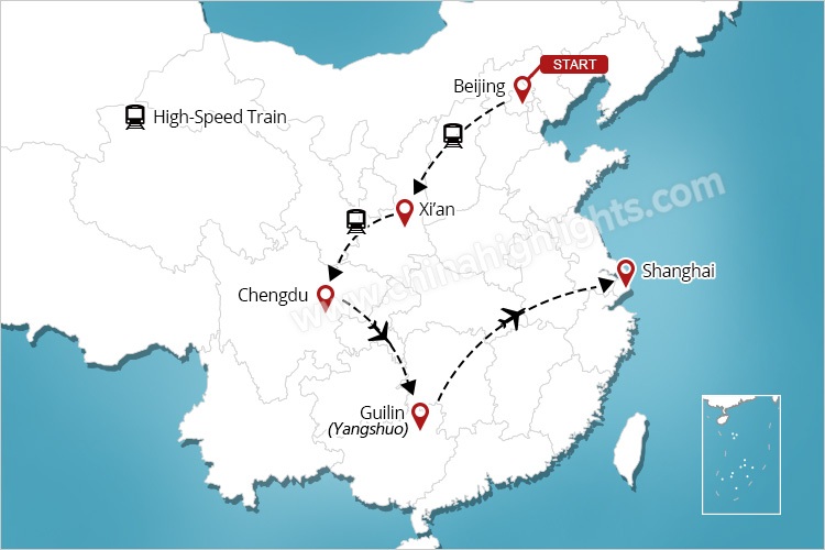 Beijing Xian Chengdsu Guilin tour map