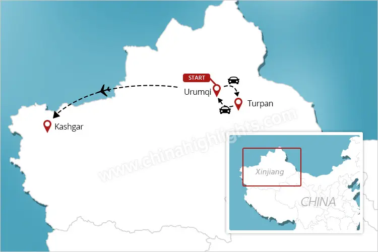 Urumqi-Turpan-Kashgar Tour Map