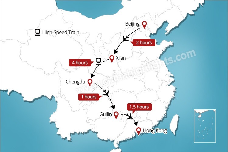 Beijing Xian Chengdu Guilin Hongkong tour map