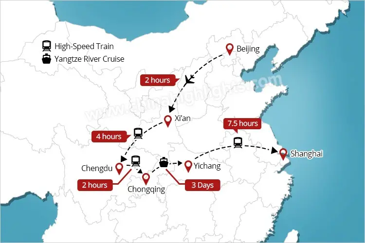 Beijing Xian Chengdu Yangtze Cruise Shanghai tour map