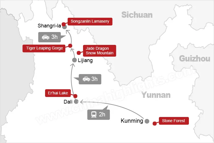 kunming dali lijiang shangri-la tour map