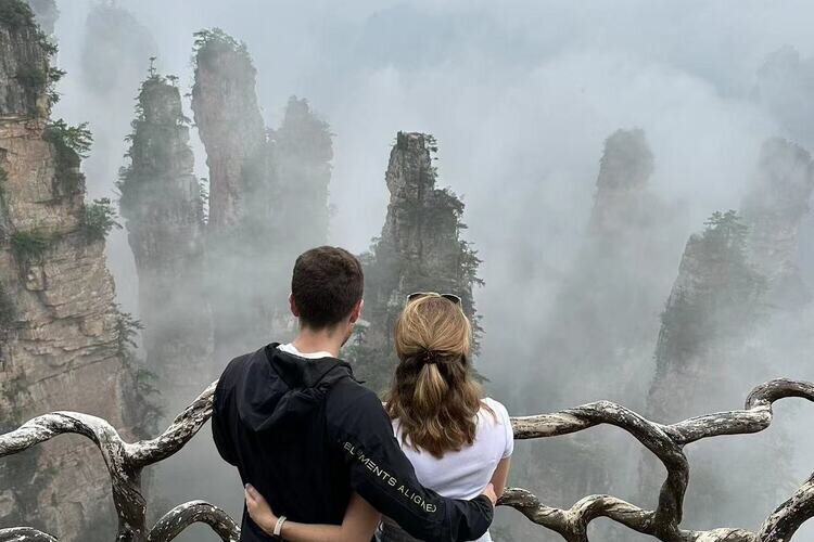 Tianzi Mountain in Zhangjiajie National Forest Park after the rain, shrouded in mist.