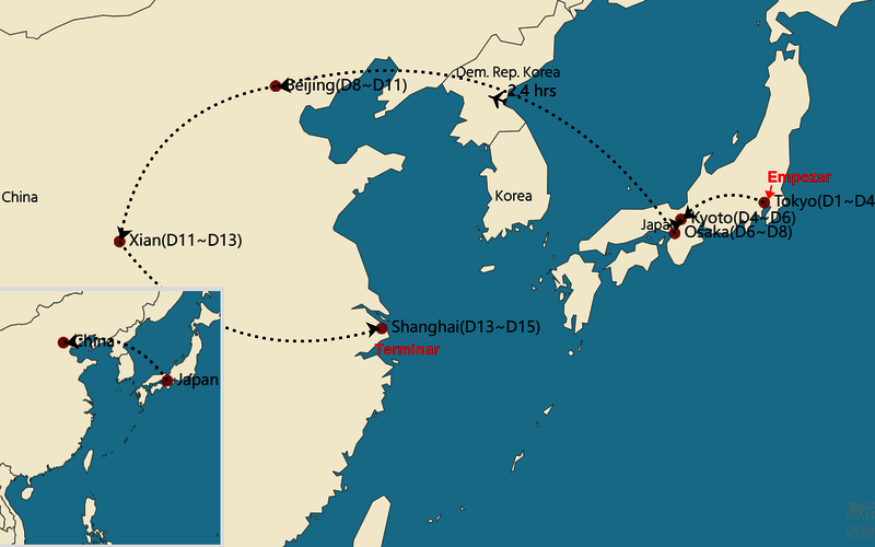 Mapa de viaje a China y Japon 15 días