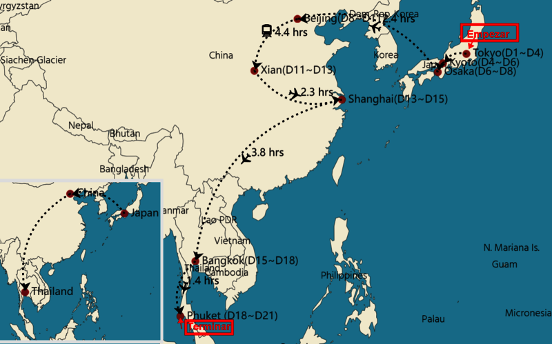 Mapa de tour a Japón, China y Tailandia 21 días