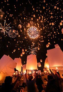 Lanzamiento de linternas celestes en una celebración tradicional