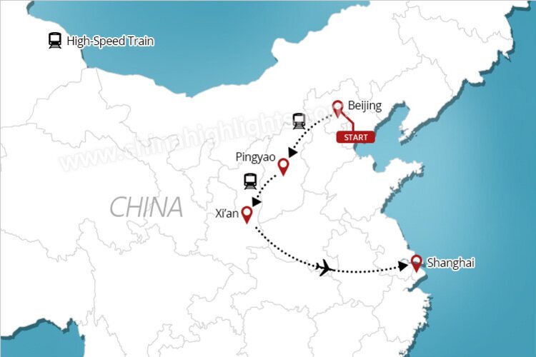 Beijing Pingyao Xi'an Shanghai tour map