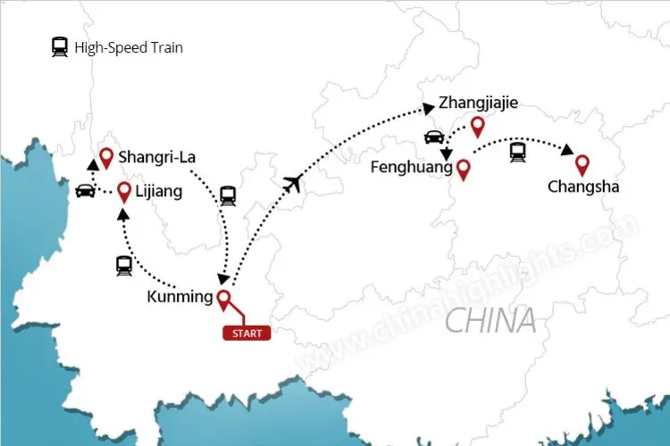 Kunming Lijiang Shangri-La Zhangjiajie Fenghuang Changsha  tour map