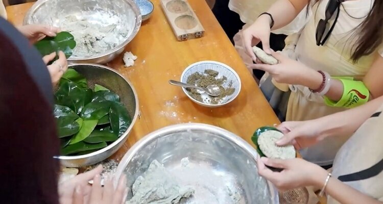Making traditional rice cake