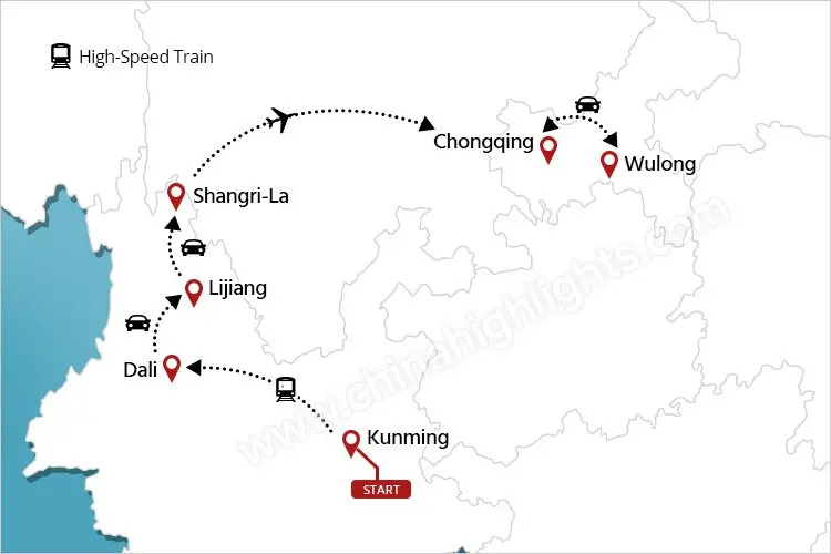 Yunnan and Chongqing Tour Map