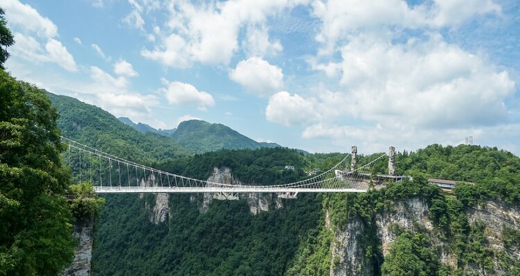 Zhangjiajie Grand Canyon and its Glass Bridge at a very sunny day in Wulingyuan Scenic Area in Zhangjiajie, Hunan Province, China