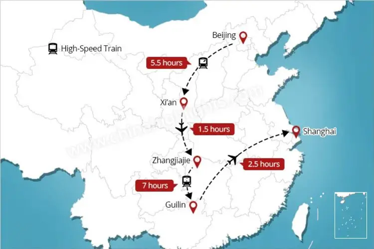 Beijing Xian Zhangjiajie Shanghai tour map