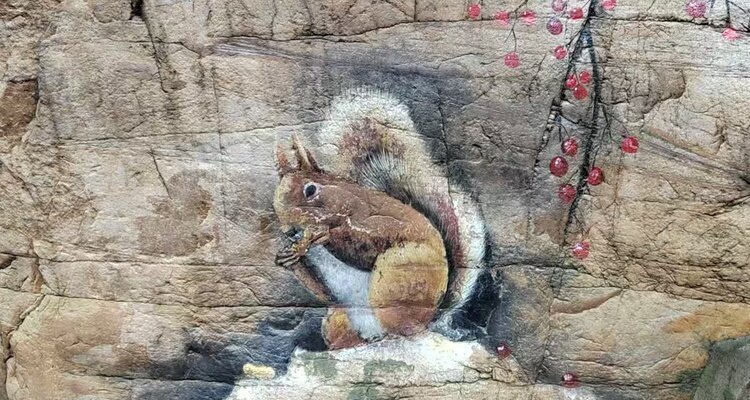A stone painted with a squirrel