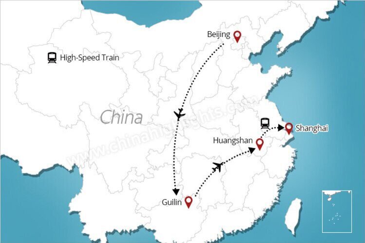 Beijing Xian Guilin Shanghai tour map