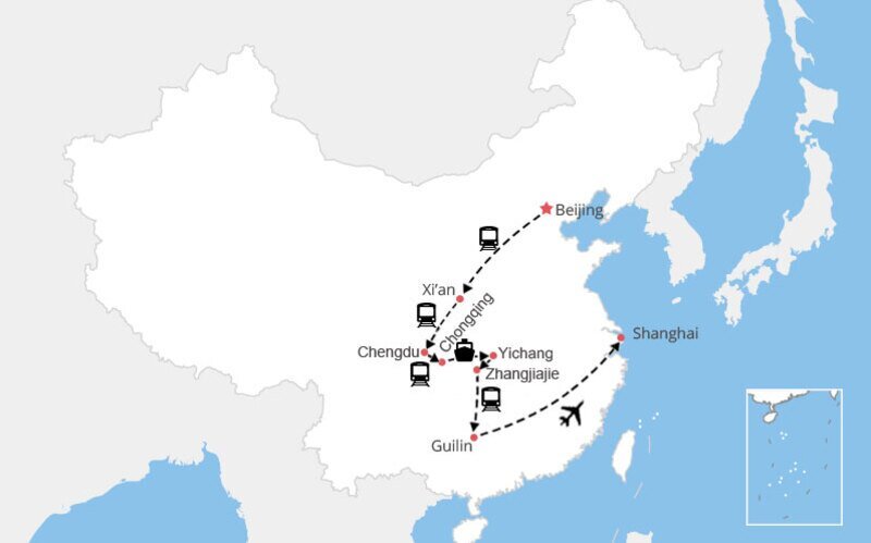 Carte Pékin - Xi'an - Chengdu - Dujiangyan - Chongqing - Croisière sur le fleuve Yangtsé - Yichang - Zhangjiajie - Guilin - Longsheng -Yangshuo - Shanghai
