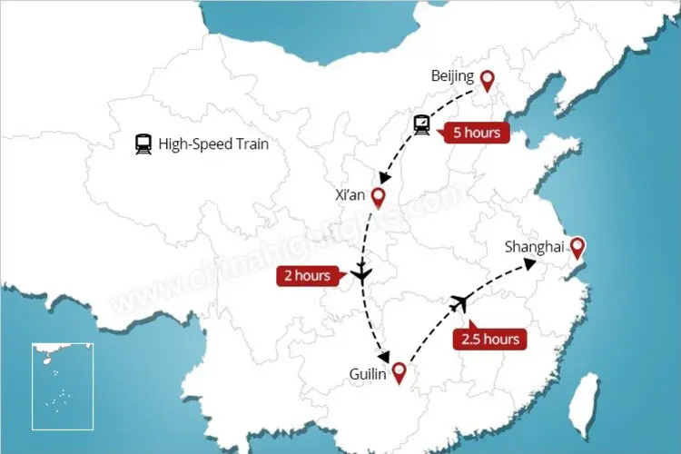 Beijing Xian Guilin Shanghai tour map