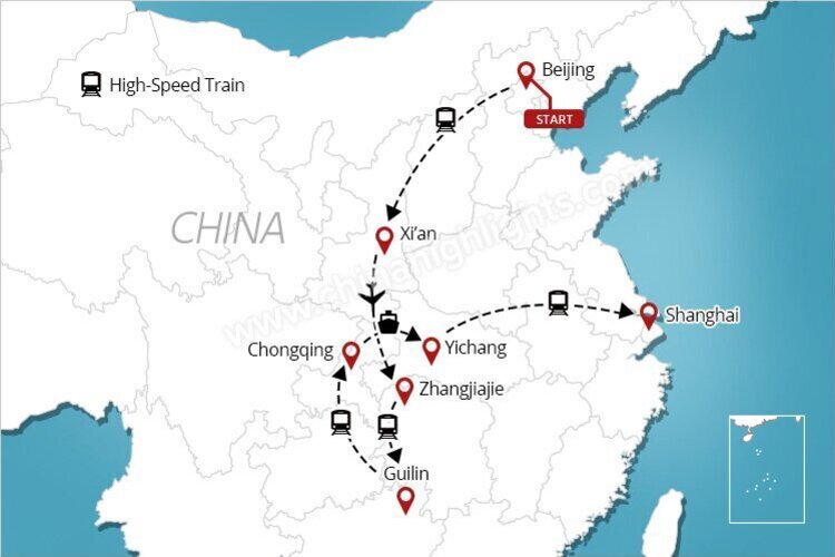 Beijing-Xian-Yangtze River Cruise-Zhangjiajie-Guilin-Shanghai Tour Map