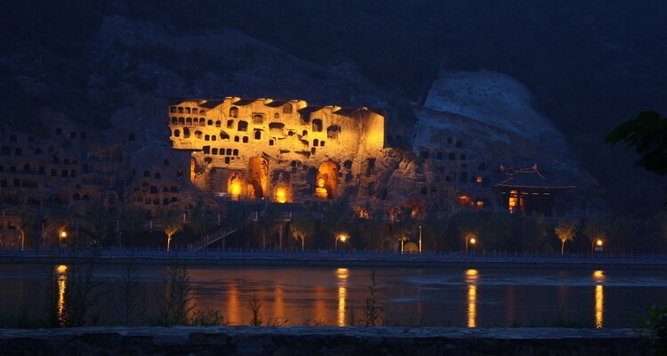 Longmen Grottoes are lit up at night