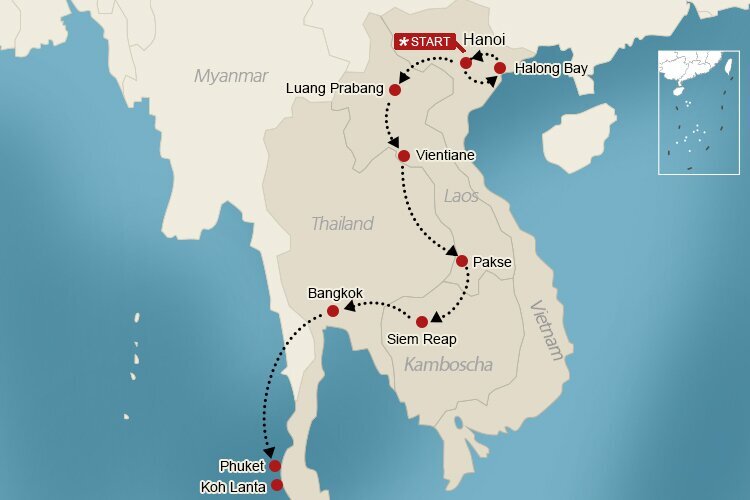Asien Rundreise Route 3 Wochen Laos Vietnam Kambodscha Thailand