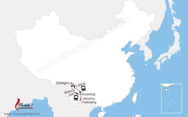 Carte Kunming-Jianshui-Yuanyang-Dali-Shaxi-Shangri-La-Lijiang-Kunming