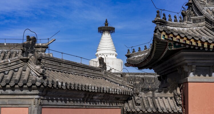 los muros rojos, los tejados grises y la pagoda blanca se entrelazan en la imagen