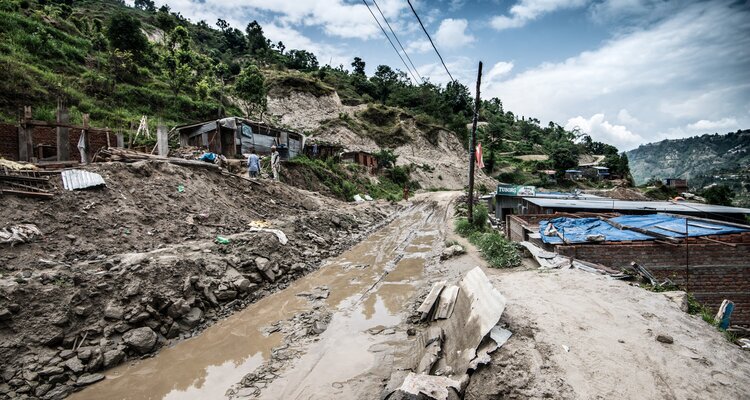 Main road from Nepal to Tibet on rainy weather
