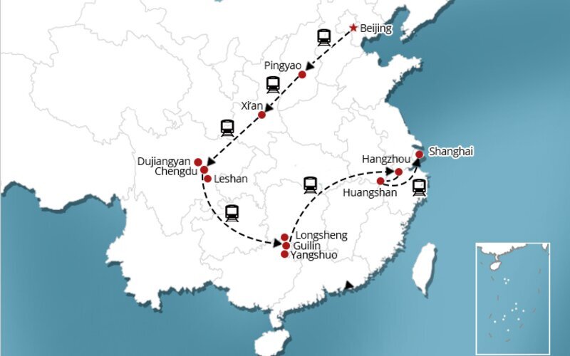 Carte Beijing Xi'an Chengdu Dujiangyan Leshan Guilin Hangzhou huangshan Shanghai Zhujiajiao