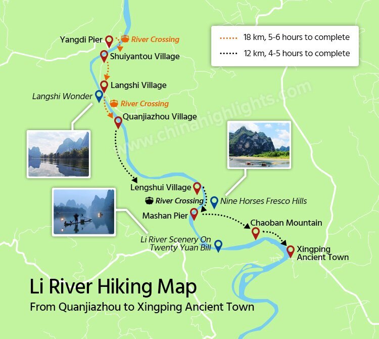 Guilin Li River Hiking Map from Quanjiazhou to Xingping Ancient Town Yangshuo