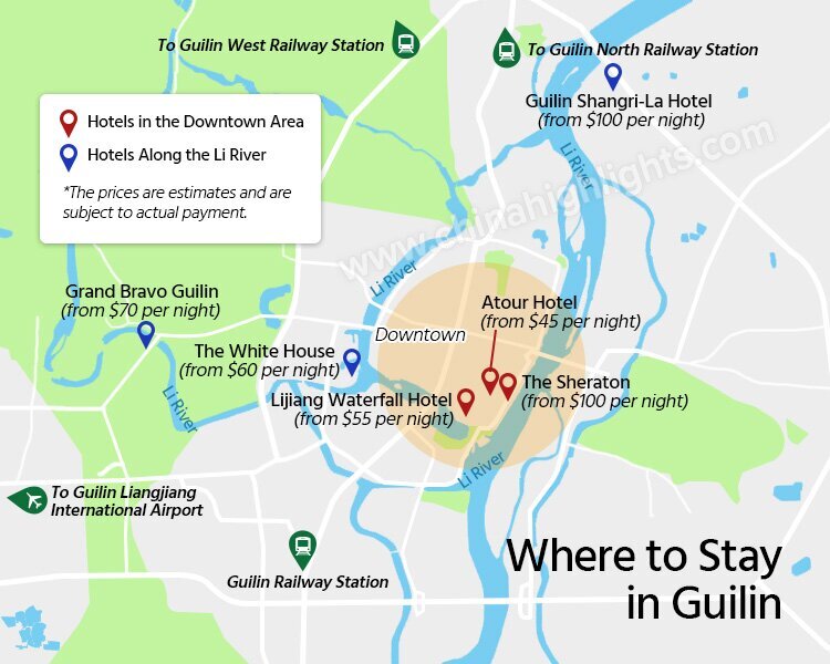 A Map about Where to Stay in Guilin, Guilin Hotels, Regions