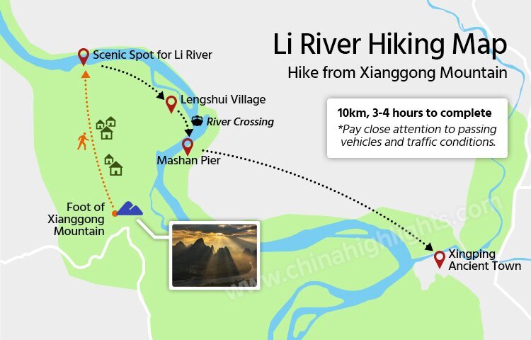 Guilin Yangshuo Li River Hiking Map from Xianggong Mountain to Xingping Ancient Town