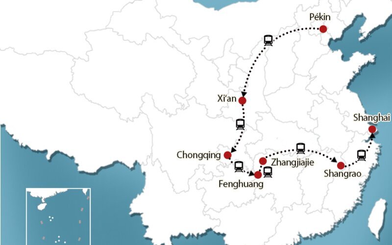 Carte Pékin Xi'an Chengdu Chongqing Fenghuang  Zhangjiajie  Shangrao  Shanghai
