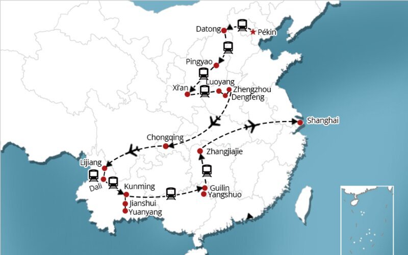 Carte Beijing Datong Pingyao Xi'an Kunming Dali Lijiang Jianshui Yuanyang Guilin Yangshuo Zhangjiajie Shanghai