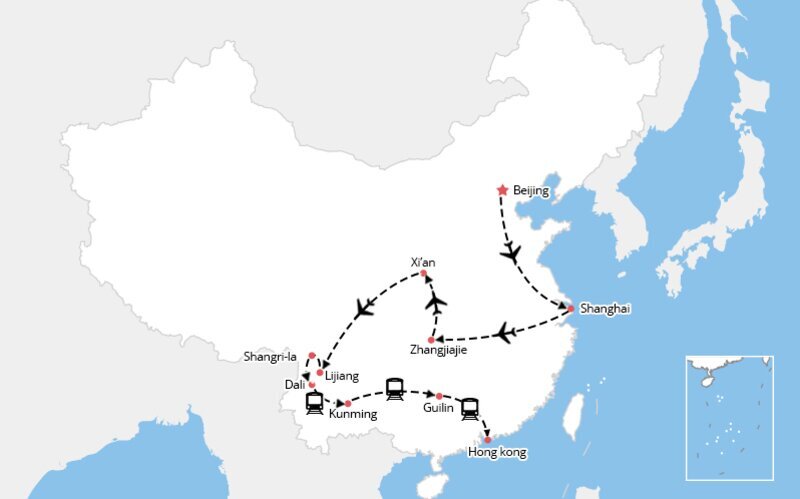 Carte Beijing Shanghai Zhangjiajie Xi'an  Lijiang Shangri-la Dali Kunming Guilin HongKong