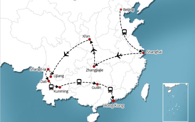 Carte Beijing Shanghai Zhangjiajie  Xi'an Lijiang Shangri-La Kunming Dali Guilin Hongkong