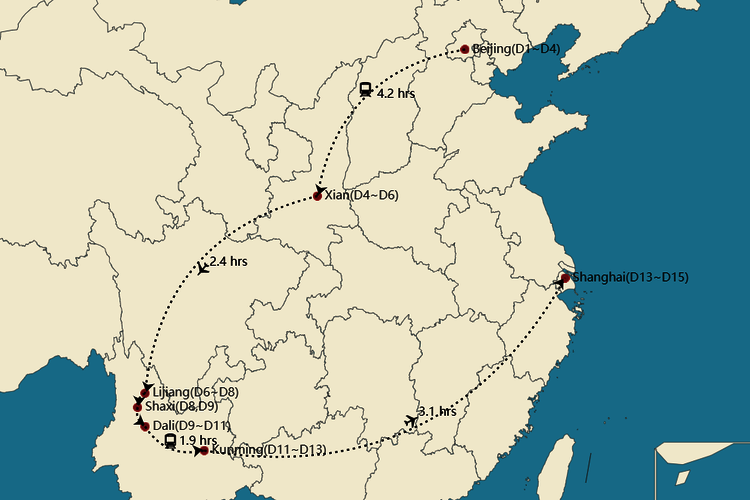 Mapa de la Ruta Beijing-Xi’an-Lijiang-Dali-Kunming-Shanghai