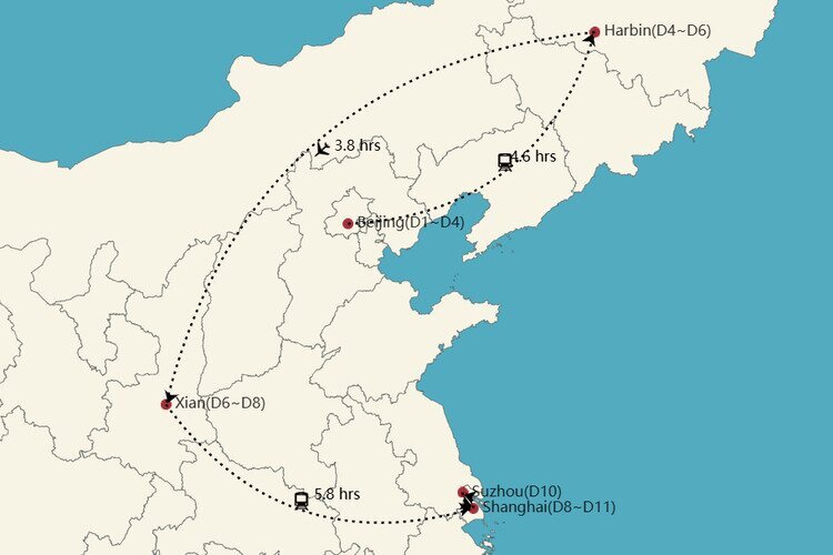 Mapa del recorrido por China: Pekín, Harbin, Xi'an, Shanghái y Suzhou